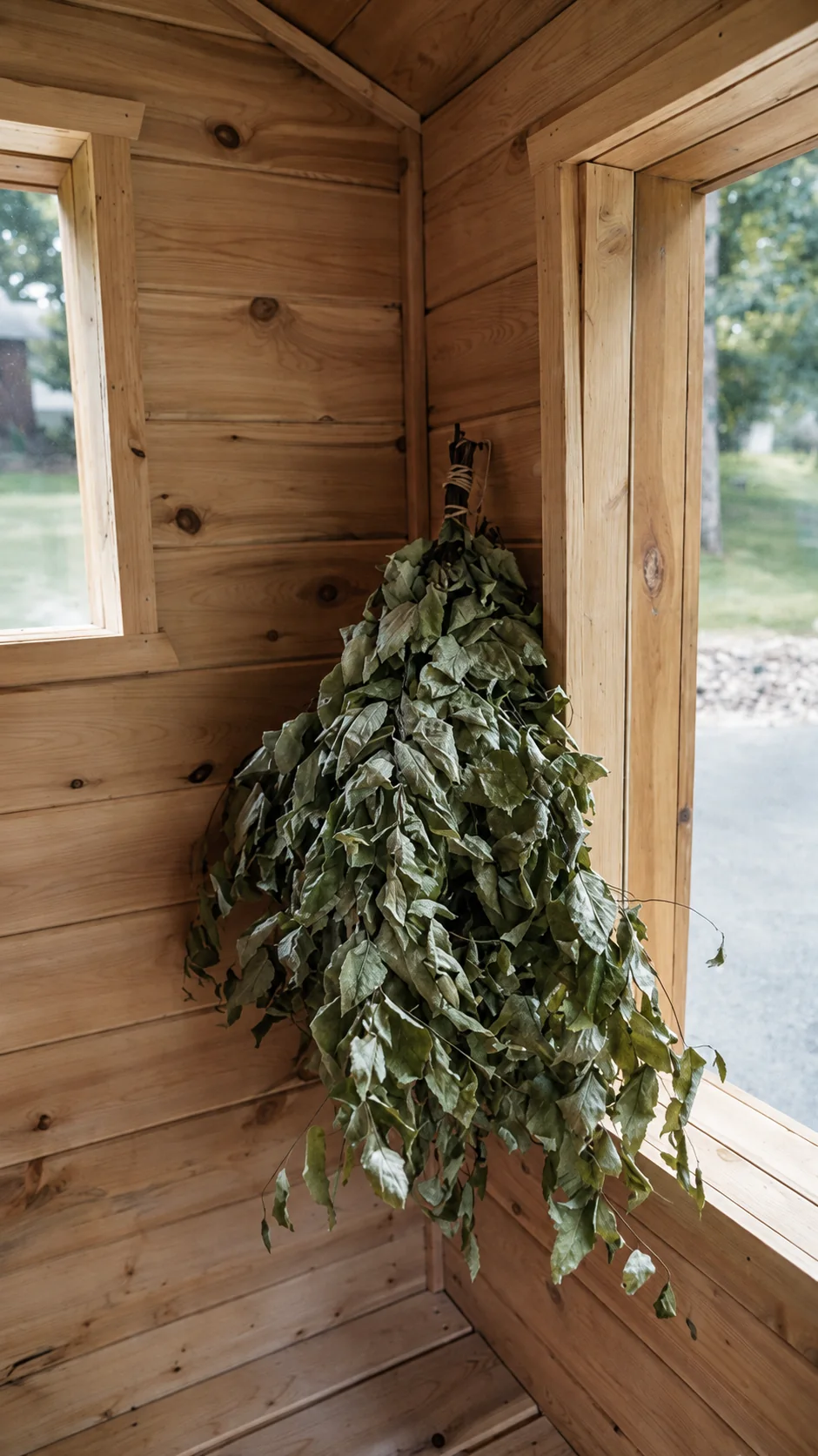 Leafy venik hanging inside the sunlit wooden sauna