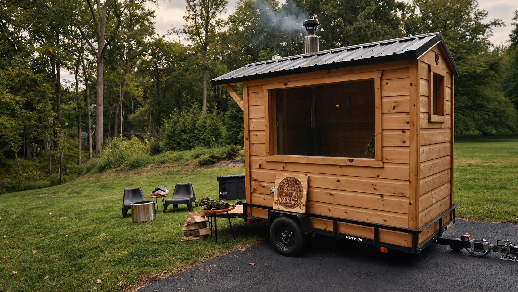 Wood-fired Banya PhD sauna surrounded by trees, with smoke rising from its chimney