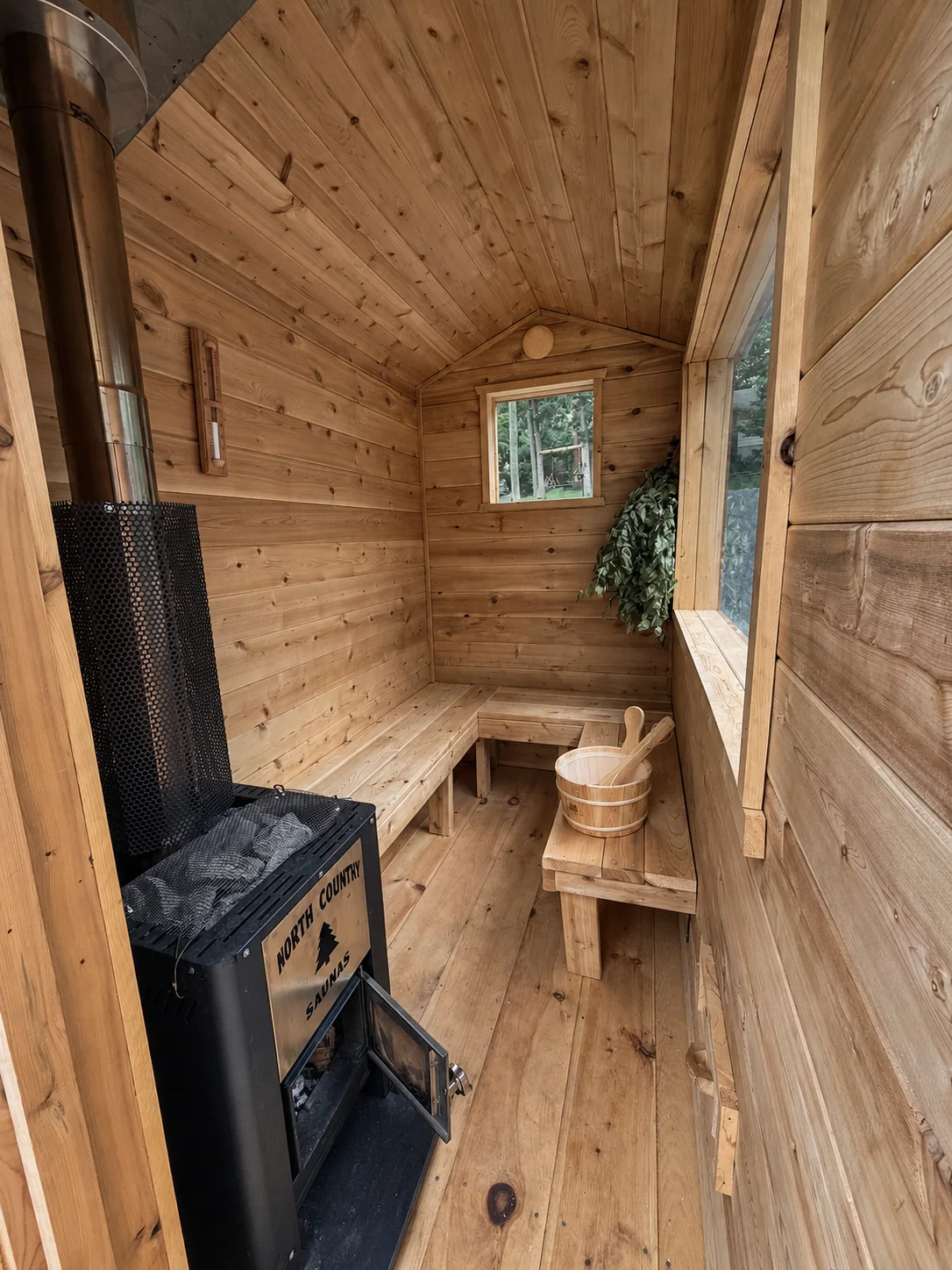 Wide view of the wooden benches, stove and venik inside the sauna